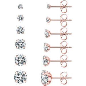 6 Pairs Rose Gold Stud Earrings Set, Hypoallergenic Cubic Zirconia 316L Earrings